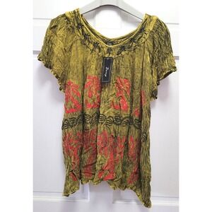 Zury Crinkle Slub Boho Peasant Style 100% Rayon Blouse Top - Green - Free Size